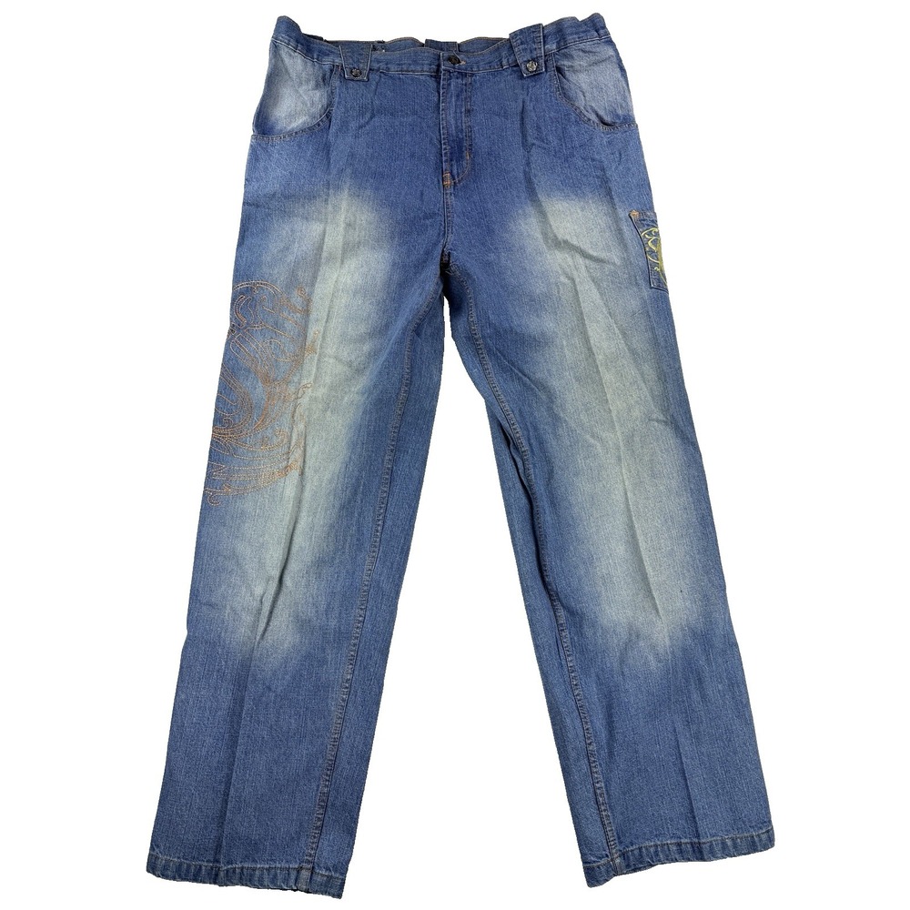 Mens Competition Y2K Grunge Blue Denim Jeans 42x32 Worn Streetwear Skate Baggy